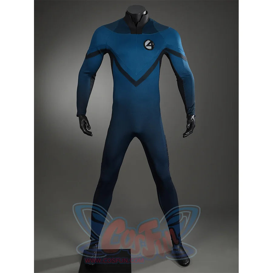The Fantastic Four cosplay suit full bodysuit with blue fabric and emblem detail on chest
