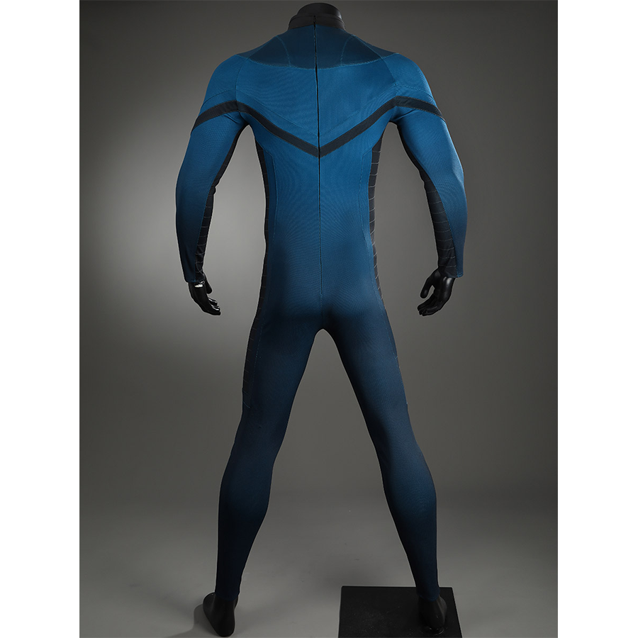 The Fantastic Four cosplay suit full back view showing blue bodysuit with black details and gloves