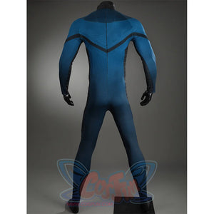 The Fantastic Four cosplay suit full back view showing blue bodysuit with black details and gloves