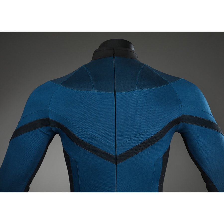 The Fantastic Four cosplay suit collar back detail with black helmet and blue fabric stitching
