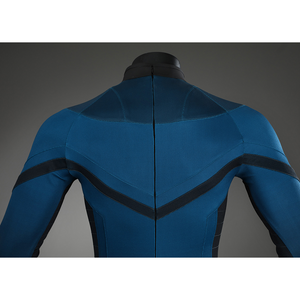 The Fantastic Four cosplay suit collar back detail with black helmet and blue fabric stitching