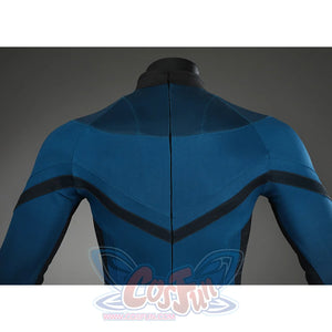 The Fantastic Four cosplay suit collar back detail with black helmet and blue fabric stitching