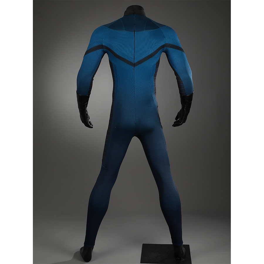 The Fantastic Four cosplay suit jumpsuit rear view with detailed back design and blue fabric