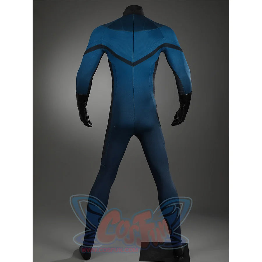 The Fantastic Four cosplay suit jumpsuit rear view with detailed back design and blue fabric