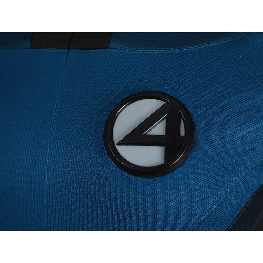 The Fantastic Four cosplay suit badge emblem detail closeup showing iconic Fantastic Four logo