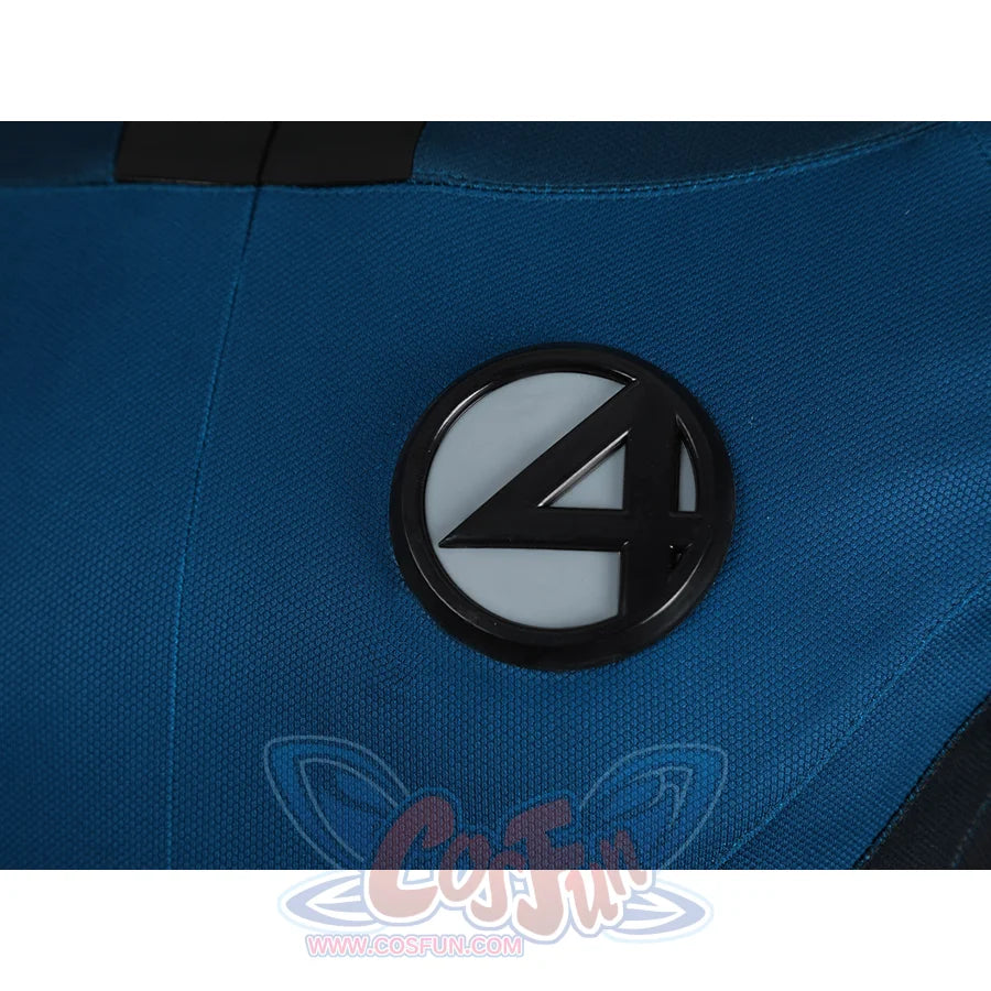 The Fantastic Four cosplay suit badge emblem detail closeup showing iconic Fantastic Four logo