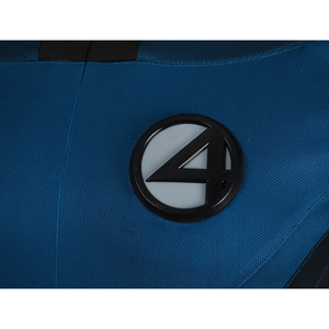 The Fantastic Four cosplay suit badge emblem detail closeup showing iconic Fantastic Four logo