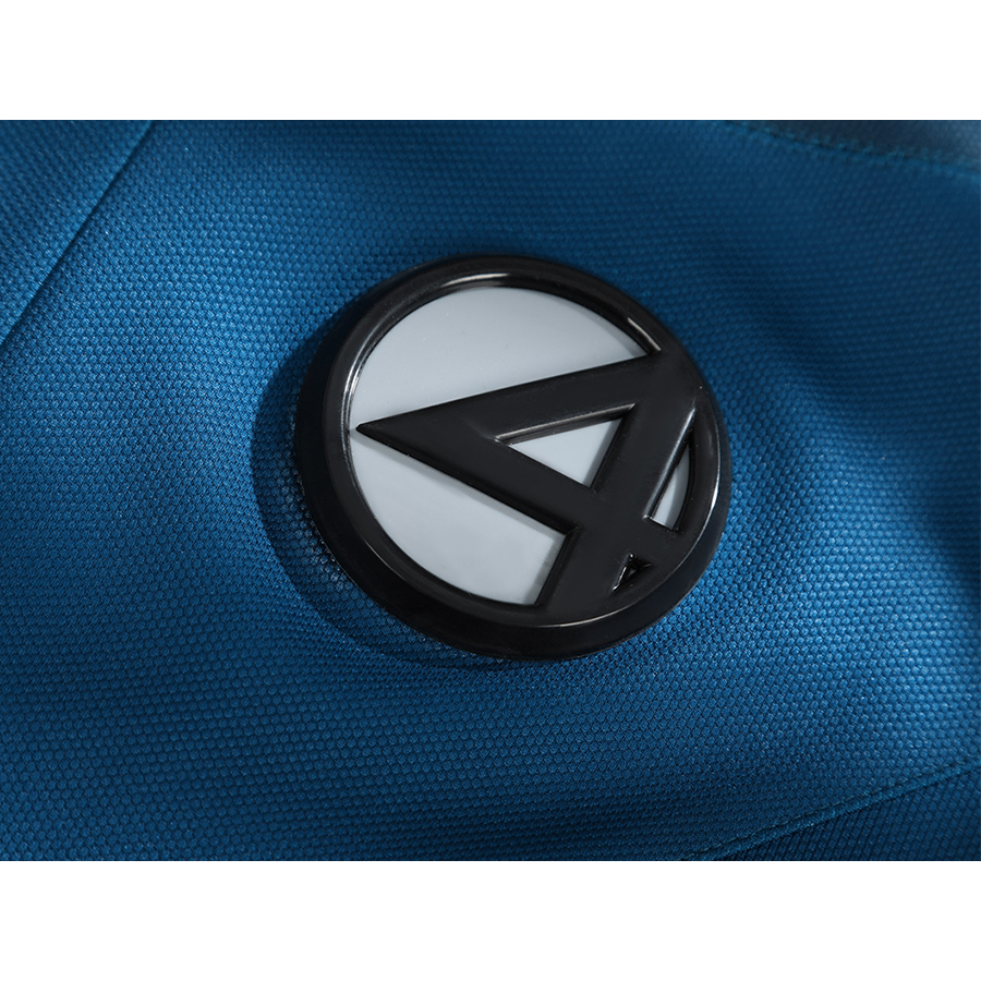 The Fantastic Four cosplay suit emblem badge detail showing iconic number four logo on blue fabric