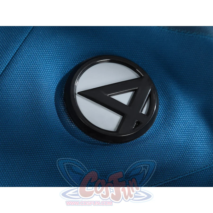 The Fantastic Four cosplay suit emblem badge detail showing iconic number four logo on blue fabric