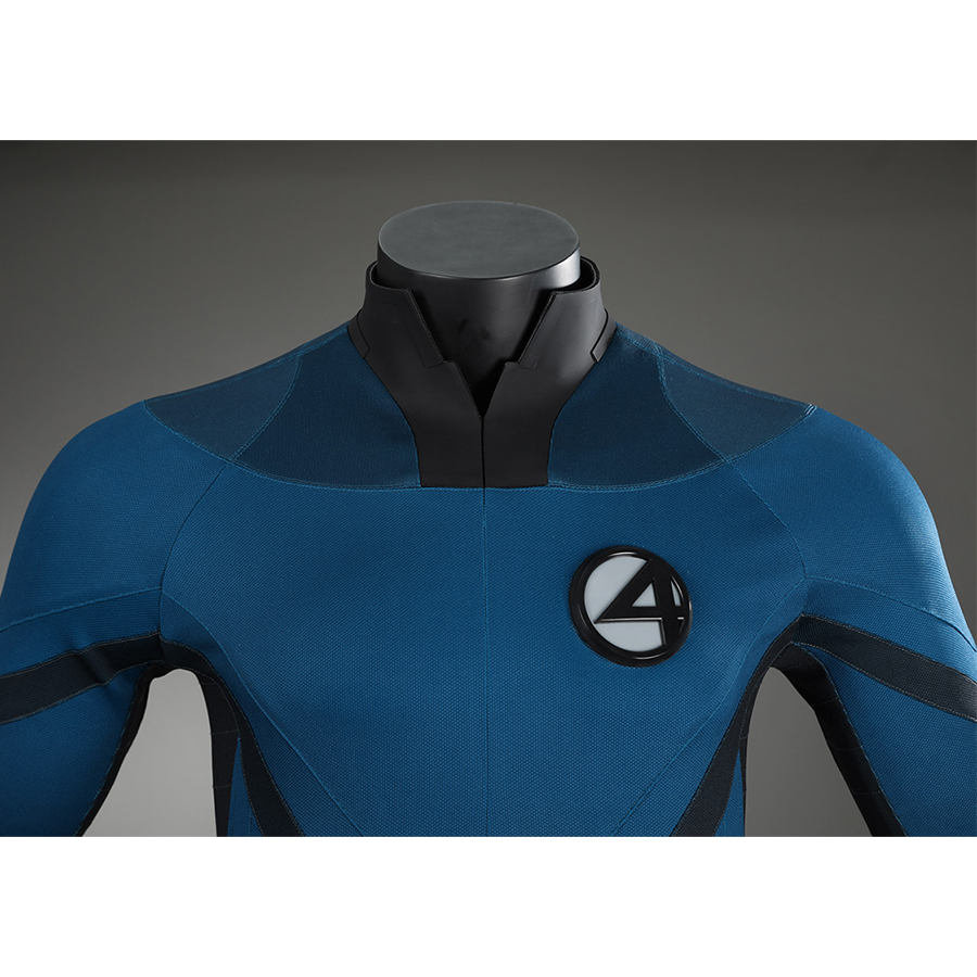The Fantastic Four cosplay suit chest detail with iconic emblem on blue fabric closeup view