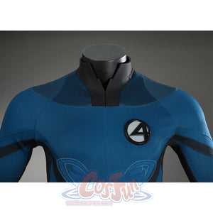 The Fantastic Four cosplay suit chest detail with iconic emblem on blue fabric closeup view
