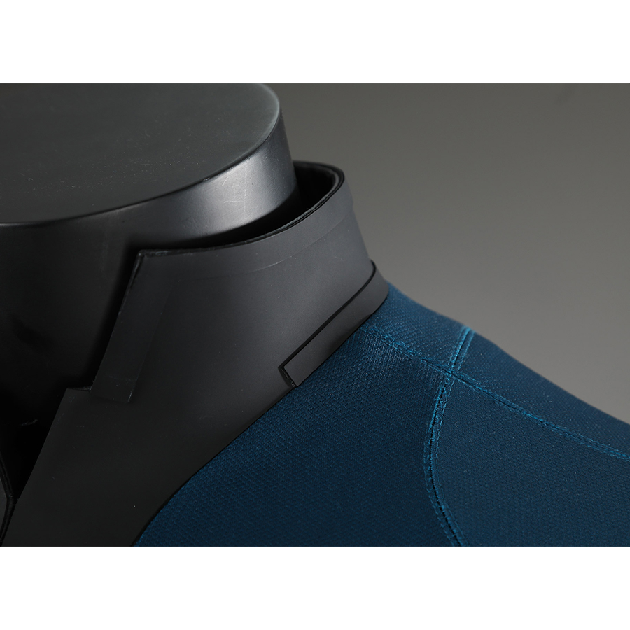 The Fantastic Four cosplay suit collar detail with black and blue materials closeup view