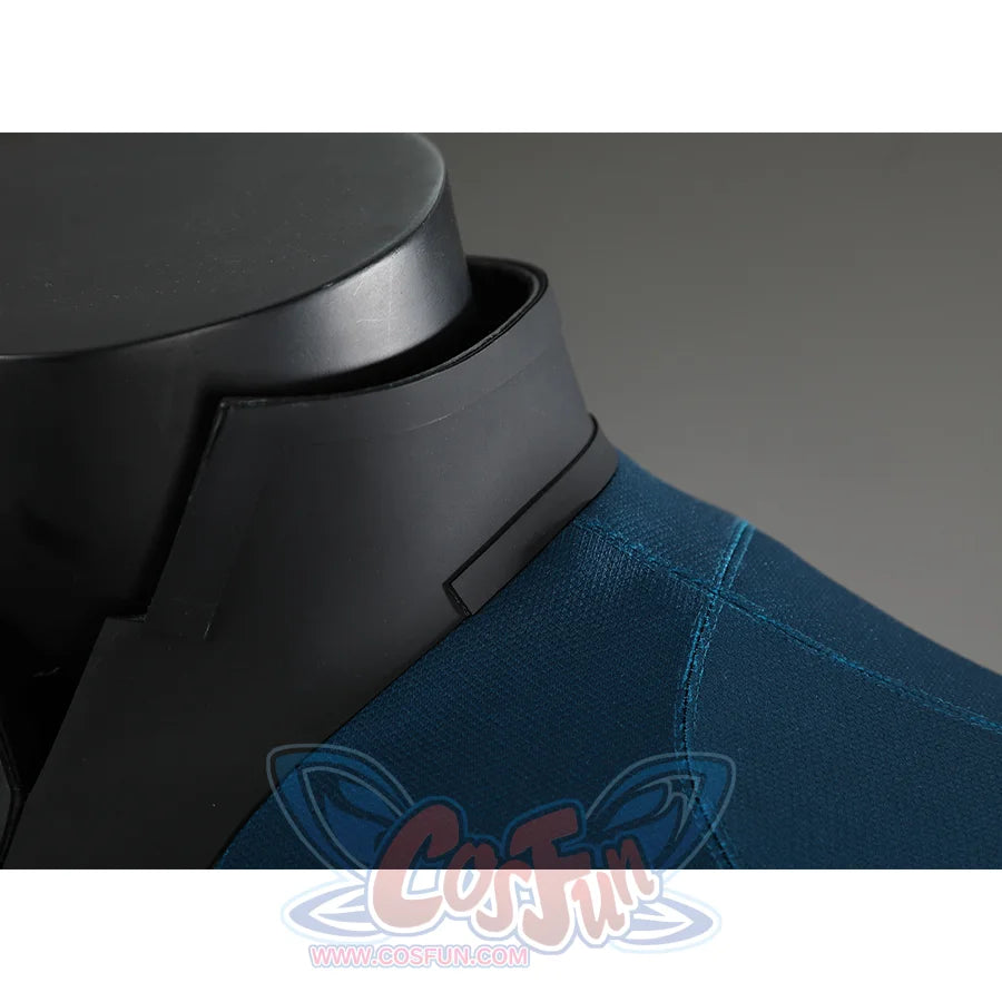 The Fantastic Four cosplay suit collar detail with black and blue materials closeup view