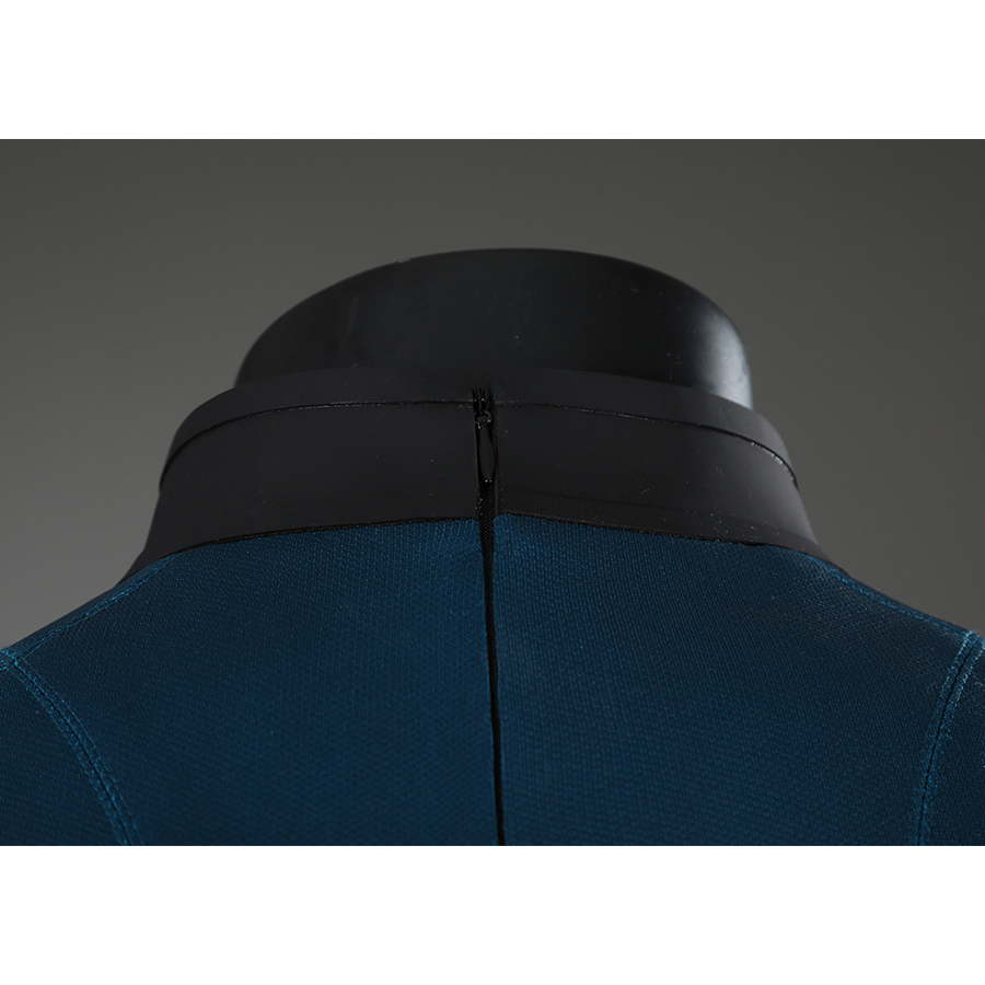 The Fantastic Four cosplay suit back zipper detail with blue and black design showing helmet