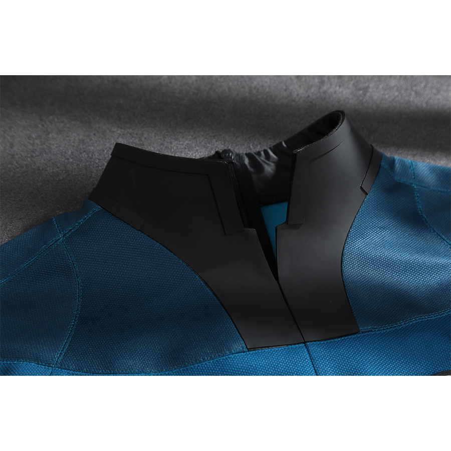 The Fantastic Four cosplay suit shoulder area with black and blue fabric detail closeup