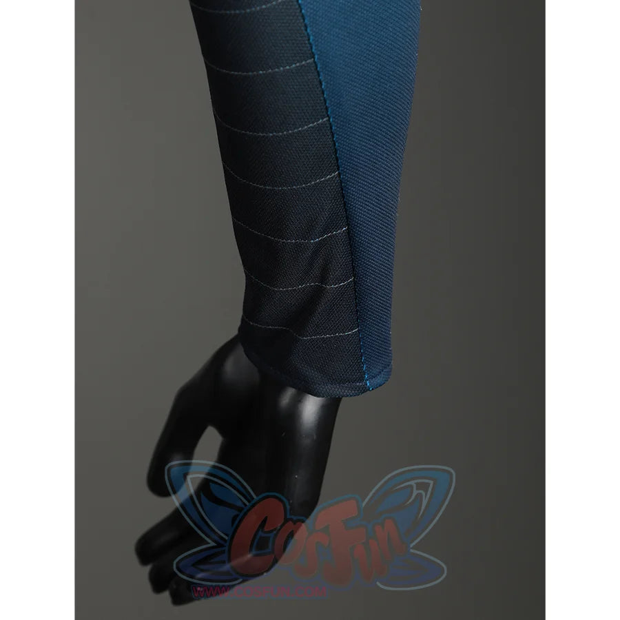 The Fantastic Four cosplay suit sleeve cuff with black glove detail and blue pant fabric closeup