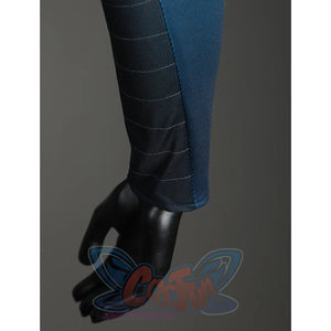 The Fantastic Four cosplay suit sleeve cuff with black glove detail and blue pant fabric closeup