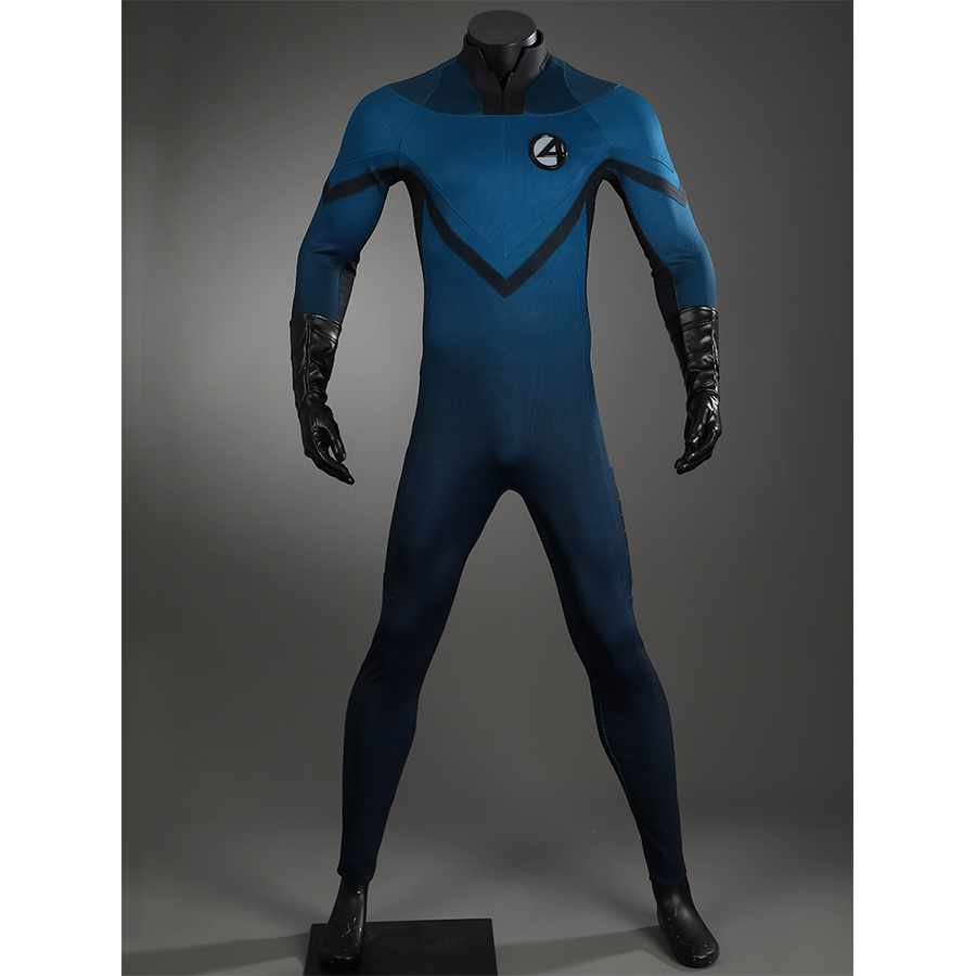 The Fantastic Four cosplay suit jumpsuit front view with iconic blue design and emblem detail