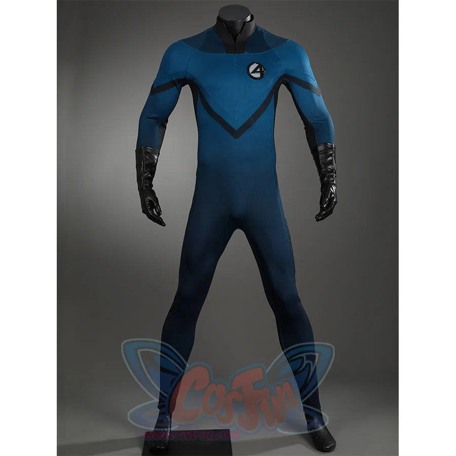 The Fantastic Four cosplay suit jumpsuit front view with iconic blue design and emblem detail