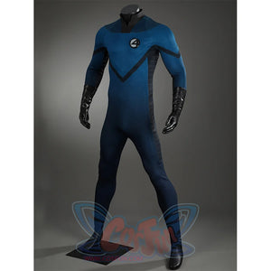 The Fantastic Four cosplay suit left side view showing blue bodysuit with black gloves and design