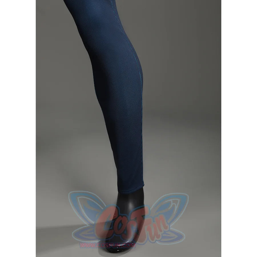 The Fantastic Four cosplay suit pant leg with blue fabric and black boots detail closeup view