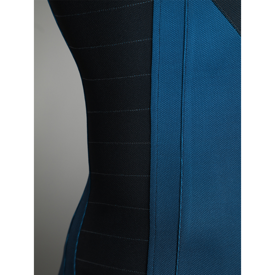 The Fantastic Four cosplay suit side panel detail with black and blue fabric stitching closeup