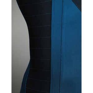 The Fantastic Four cosplay suit side panel detail with black and blue fabric stitching closeup