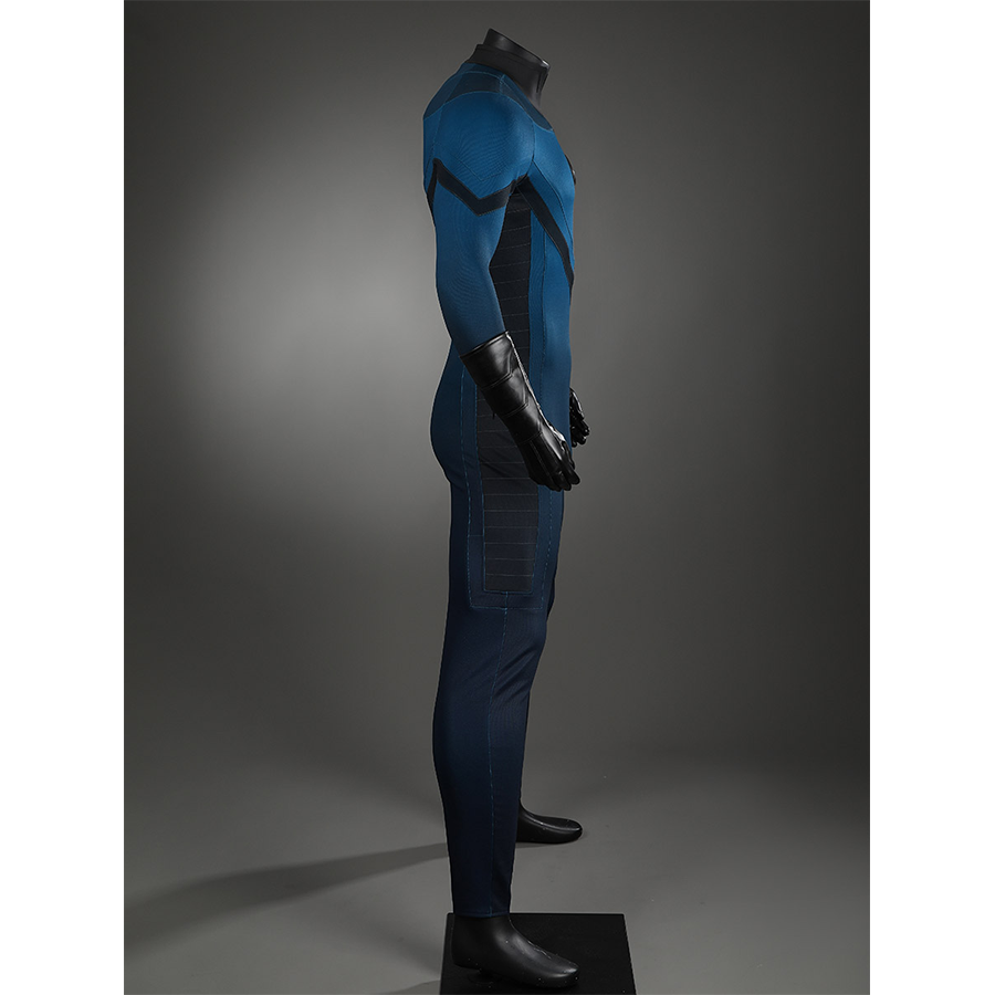 The Fantastic Four cosplay suit side profile showcasing blue jumpsuit design with black gloves