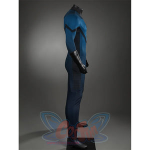 The Fantastic Four cosplay suit side profile showcasing blue jumpsuit design with black gloves