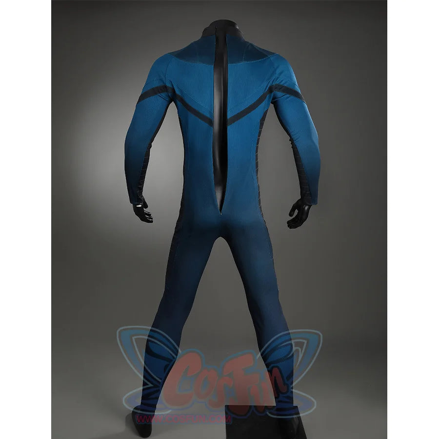 The Fantastic Four cosplay suit back zipper detail showing blue and black design full length view
