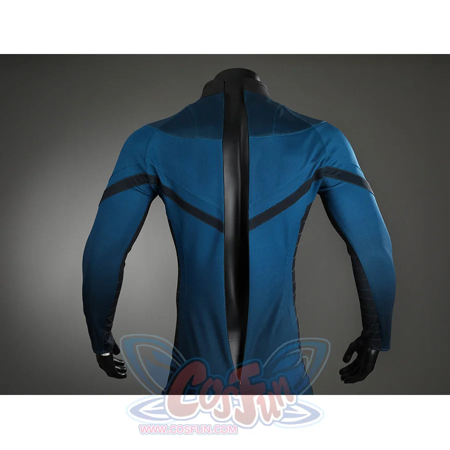 The Fantastic Four cosplay suit zipper closeup showing blue fabric detail and black design stripes