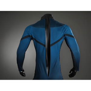 The Fantastic Four cosplay suit zipper closeup showing blue fabric detail and black design stripes