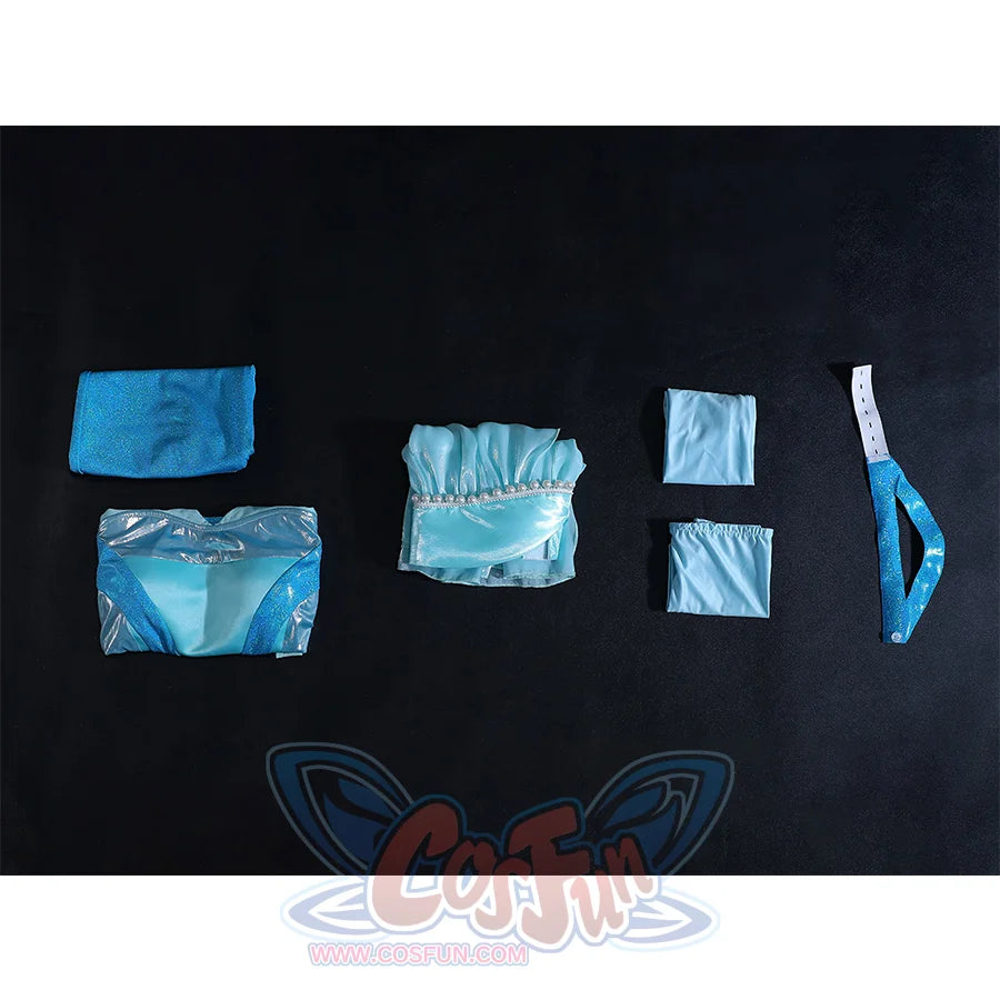 Complete Aisha cosplay costume set showing all included pieces: top, shorts, skirt, and accessories