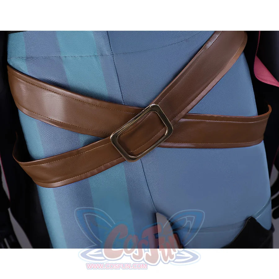 Mollymauk cosplay costume brown leather belt detail with metal buckle over blue pants