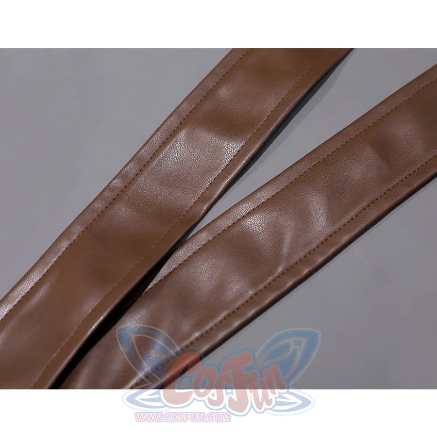 Mollymauk cosplay costume brown leather belt close-up showing texture and stitching detail