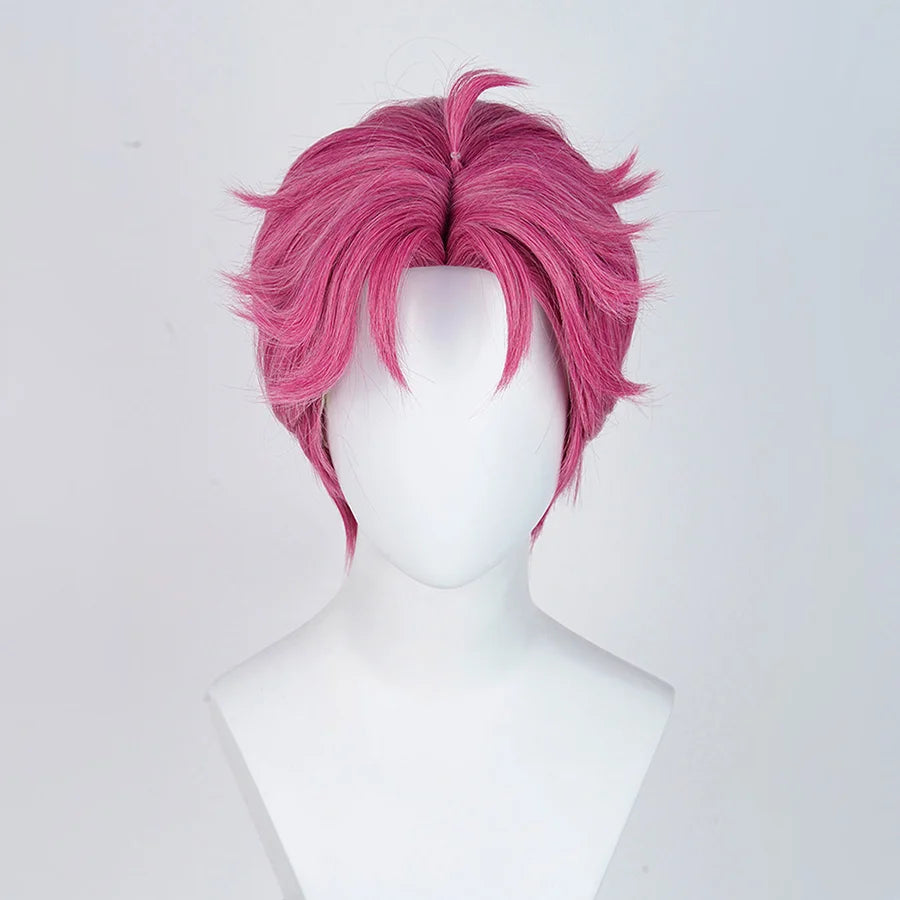 The Saja Boys Abby Cosplay wig, bright pink short wig, middle-parted hairstyle, there is a tuft of hair on the top of the head