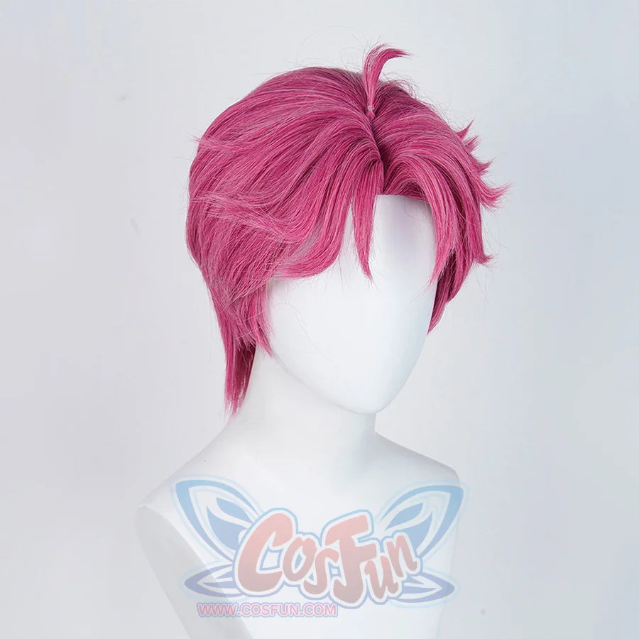 The Saja Boys Abby Cosplay wig, bright pink short wig, curly hair with middle-parted hairstyle