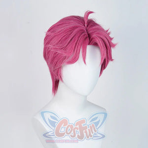 The Saja Boys Abby Cosplay wig, bright pink short wig, curly hair with middle-parted hairstyle