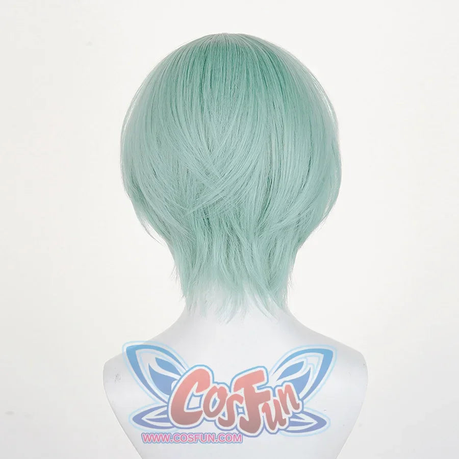 The Saja Boys Baby Cosplay wig, light green short wig, it is smooth and has a certain glossy feel, back view