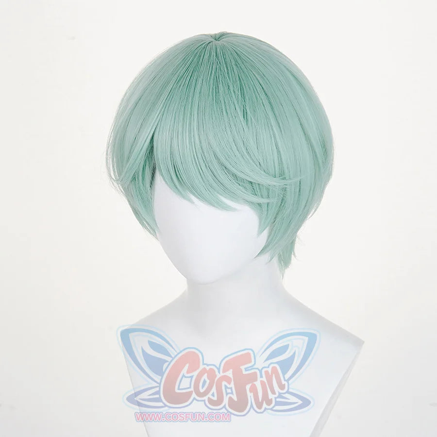 The Saja Boys Baby Cosplay wig, light green short wig, the bangs are in a natural arc shape, right side view