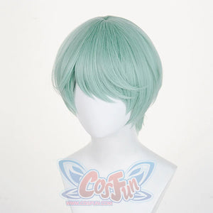 The Saja Boys Baby Cosplay wig, light green short wig, the bangs are in a natural arc shape, right side view