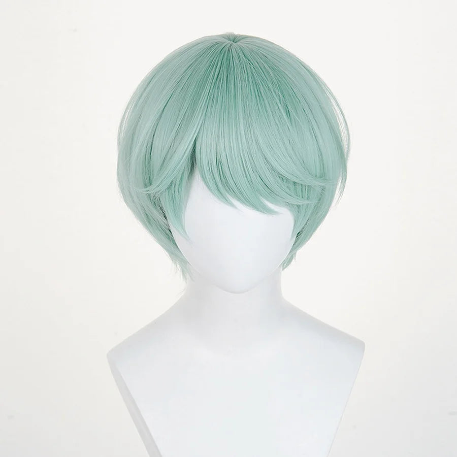 The Saja Boys Baby Cosplay wig, light green short wig, it is smooth and has a certain glossy feel, front view