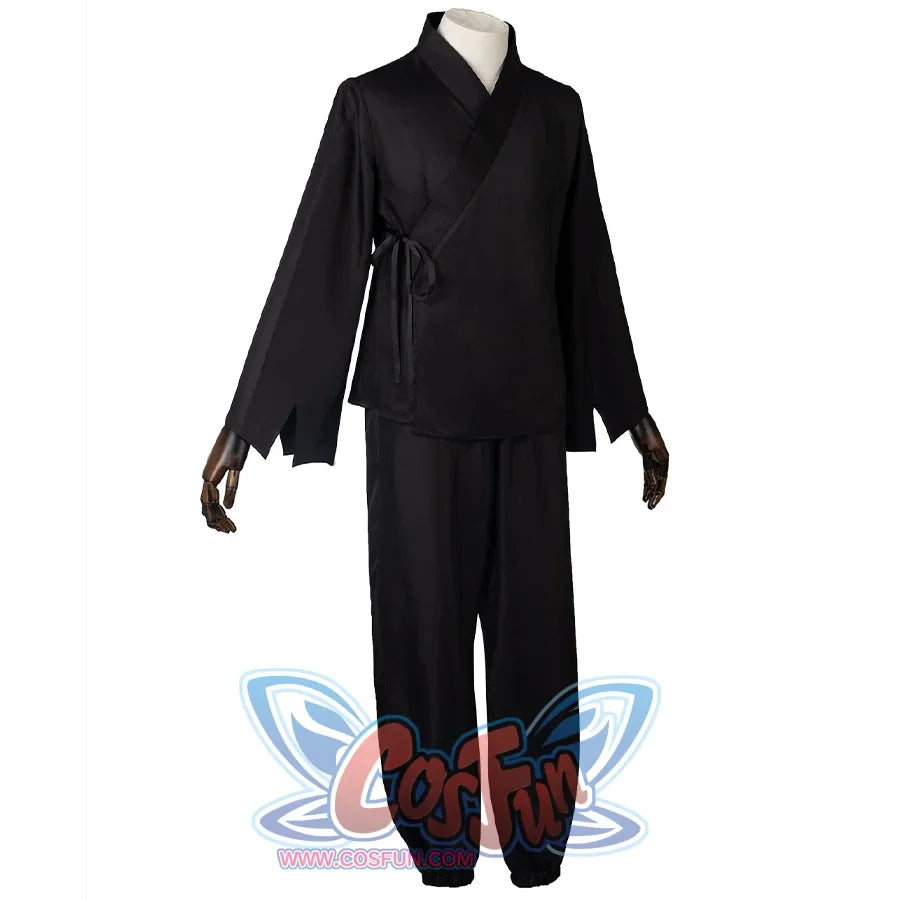 The Saja Boys Cosplay Costume. traditional black clothing. The top features a cross-collar design.