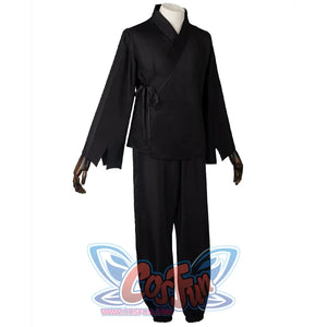 The Saja Boys Cosplay Costume. traditional black clothing. The top features a cross-collar design.