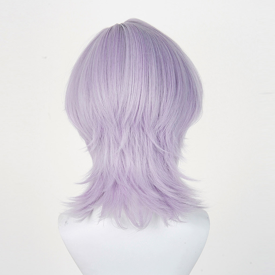The Saja Boys Mystery Cosplay grey and purple short wig showing a sense of layering