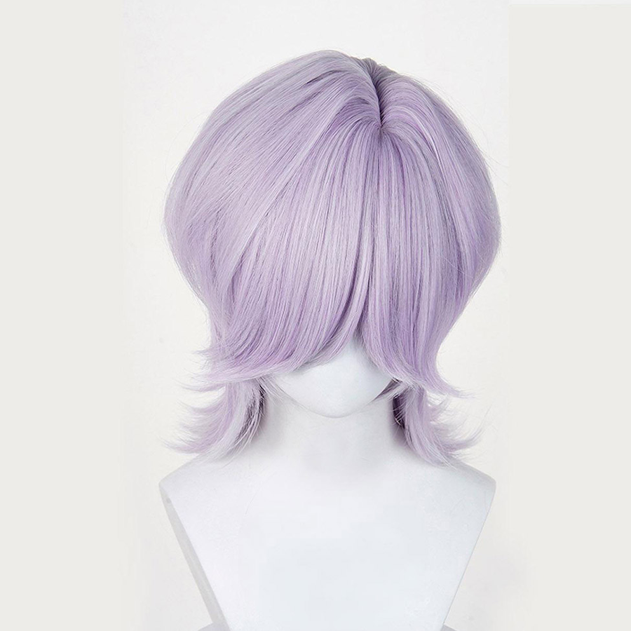 The Saja Boys Mystery Cosplay wig, grey and purple short wig, front view