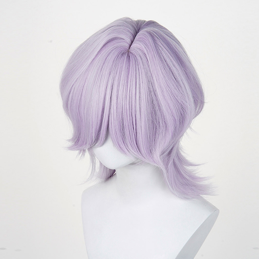 The Saja Boys Mystery Cosplay wig, grey and purple short wig, front view