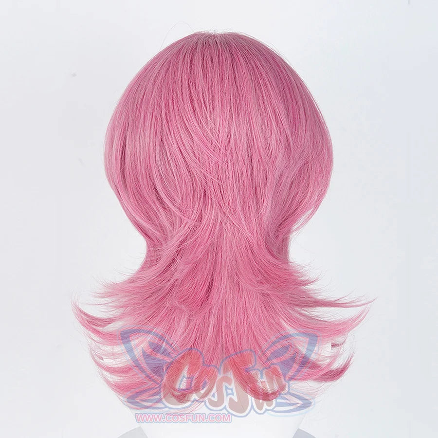 The Saja Boys Romance Cosplay wig, long pink wig, hair ends curled up, back view