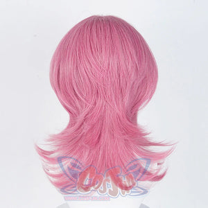The Saja Boys Romance Cosplay wig, long pink wig, hair ends curled up, back view