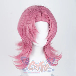 The Saja Boys Romance Cosplay wig, long pink wig with long sideburns, left side view